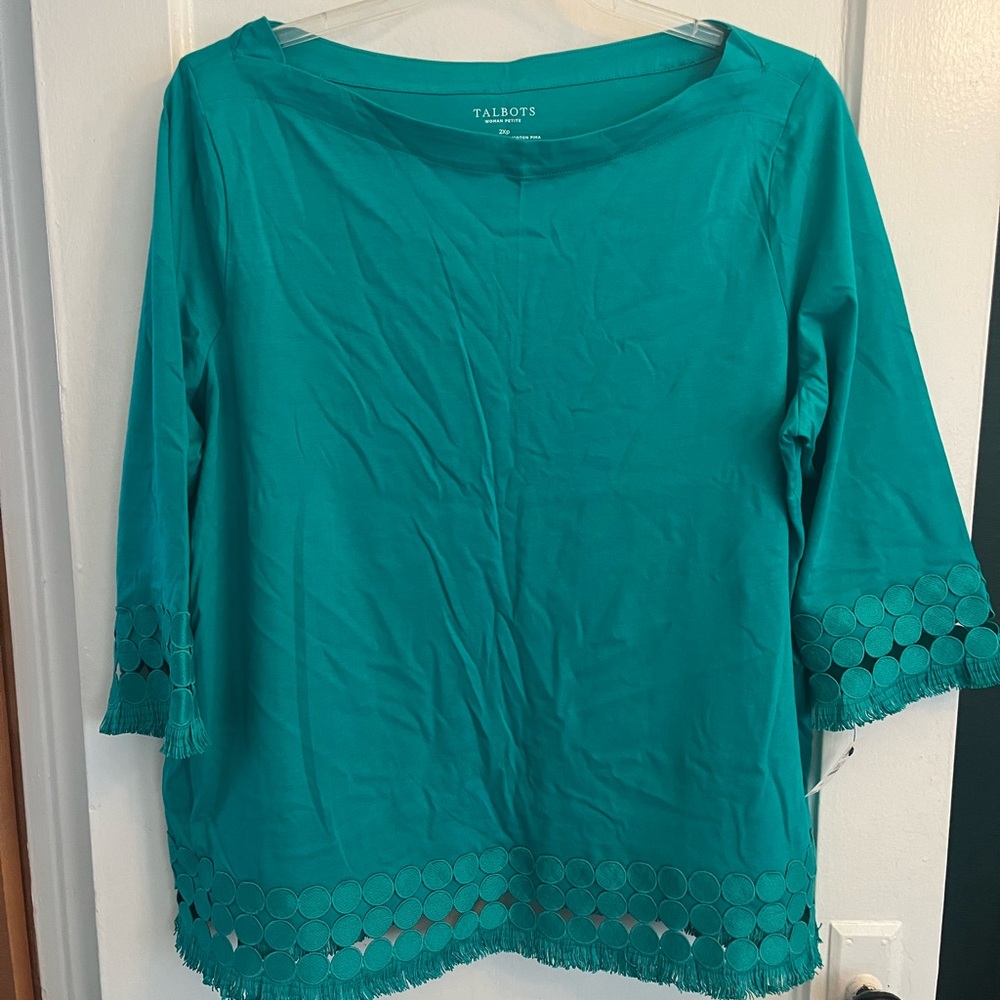 Talbots Teal Boatneck Tunic with Circle Cutout Trim